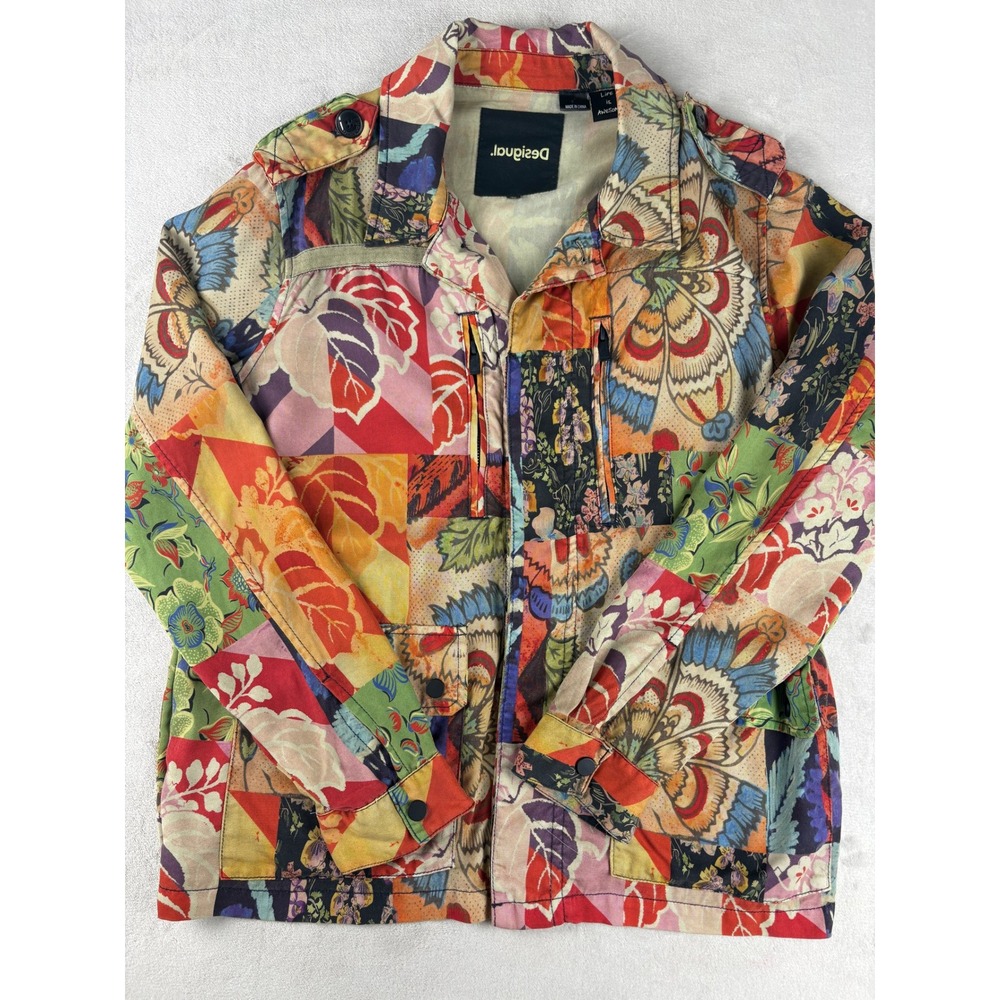 Desigual Patchwork Utility Jacket Women XL Floral Unique Artsy Boho